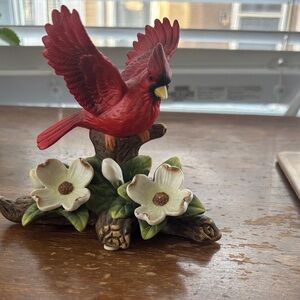 Seymour Mann Connoisseur Collection Red Cardinal Figurine with White Flowers